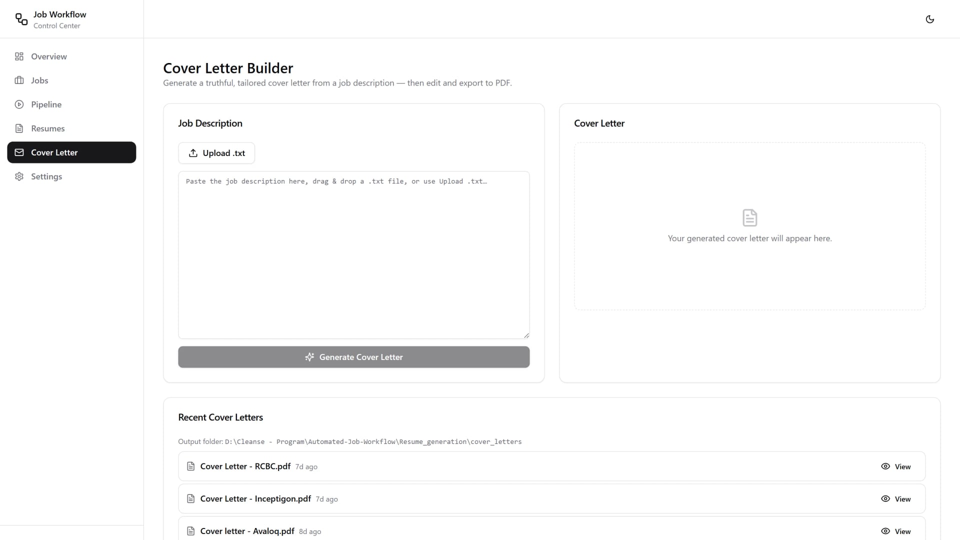 Cover letter builder with job description input and generated output