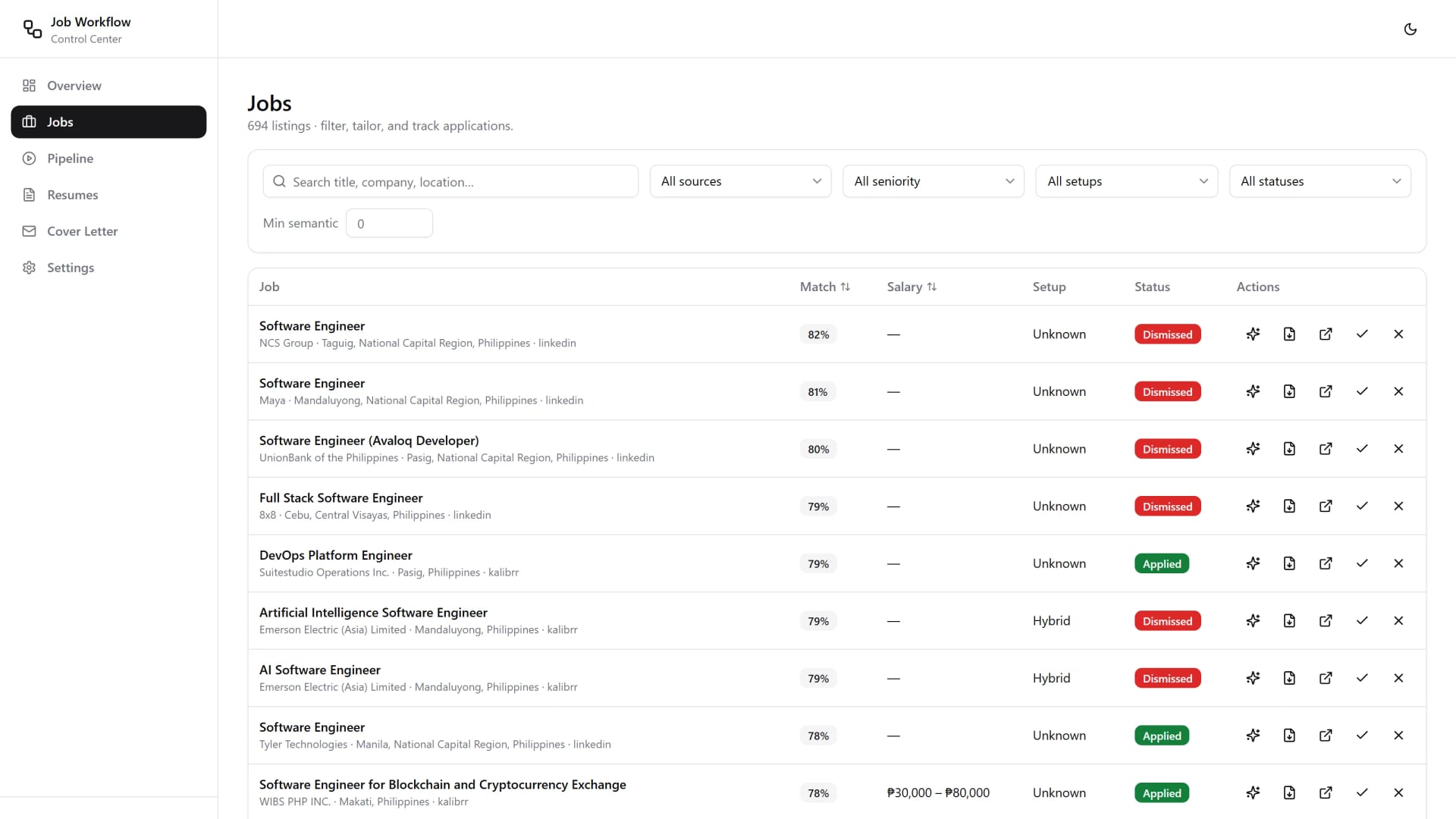 Searchable jobs table with match scores and application status