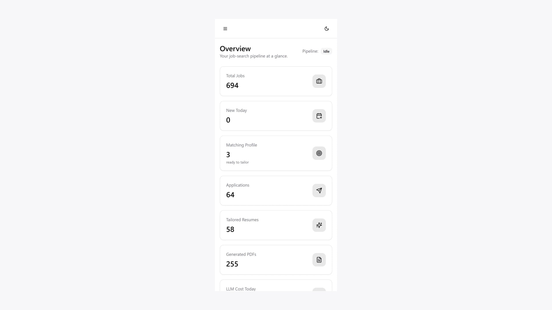 Mobile view of the overview dashboard with stacked metric cards
