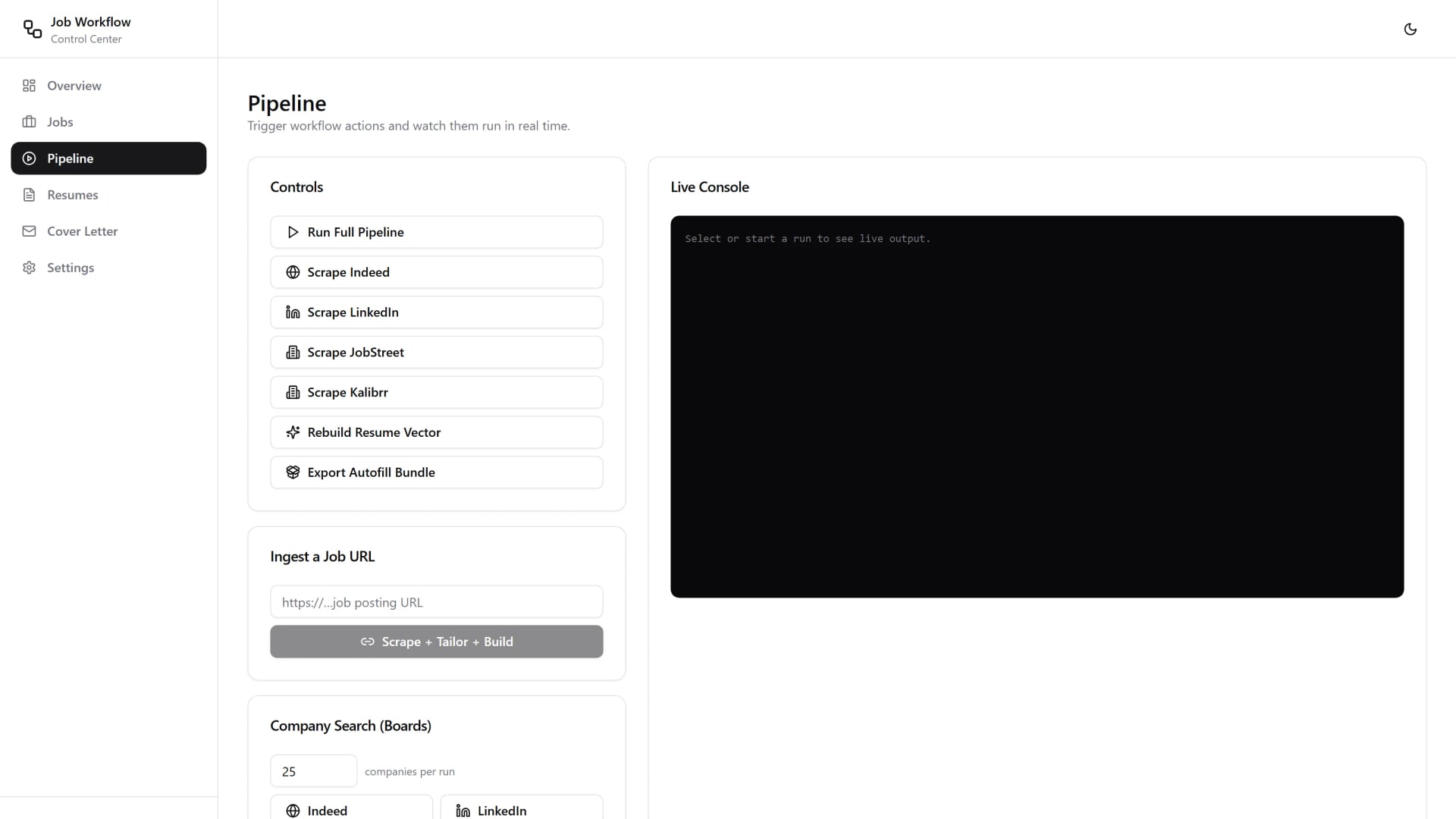 Pipeline runner with action buttons and a live streaming console