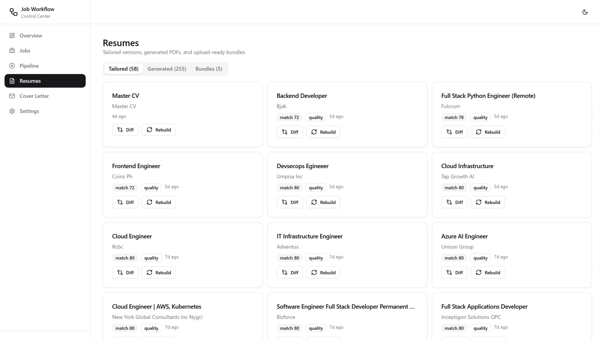 Grid of per-job tailored resume versions with match and quality scores