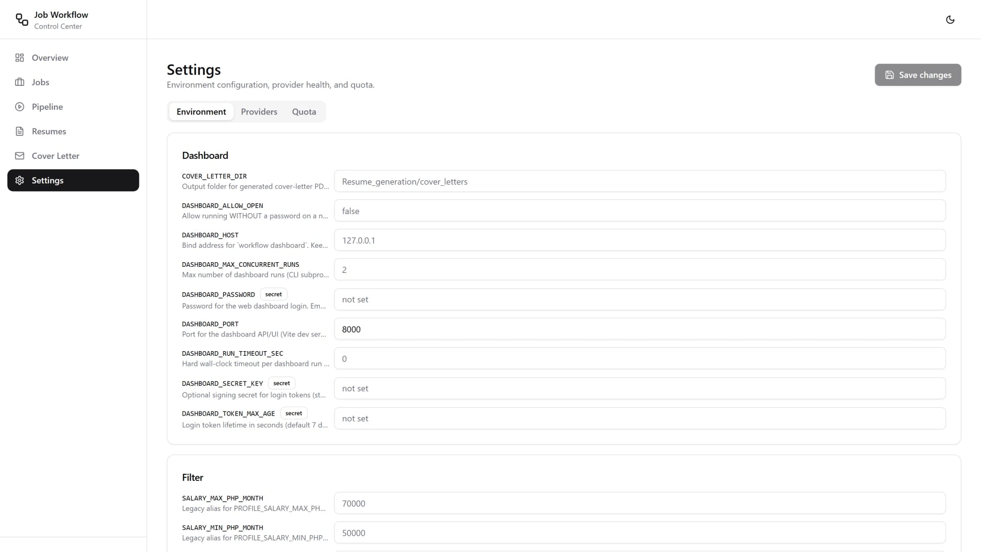 Settings screen showing the grouped environment variable editor