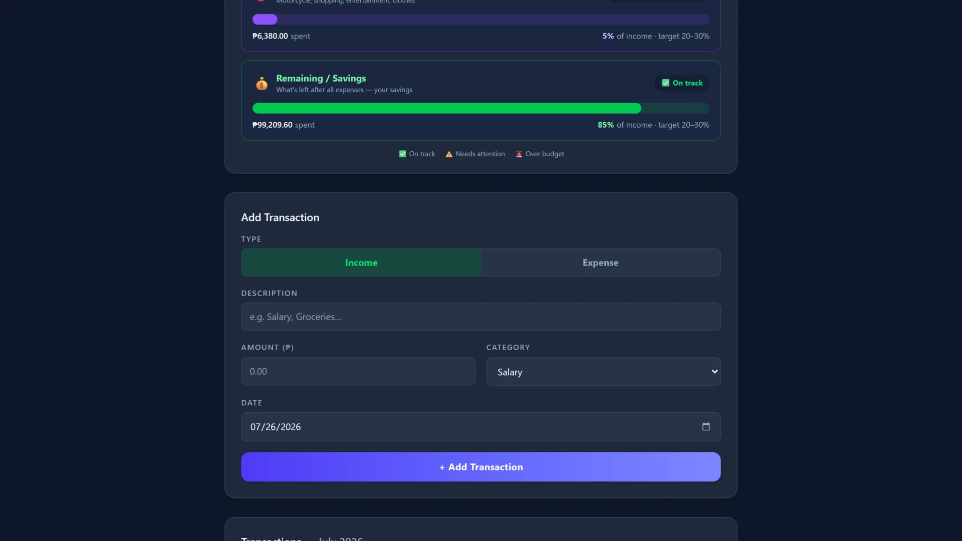 Add transaction form with type toggle, category, amount, and date