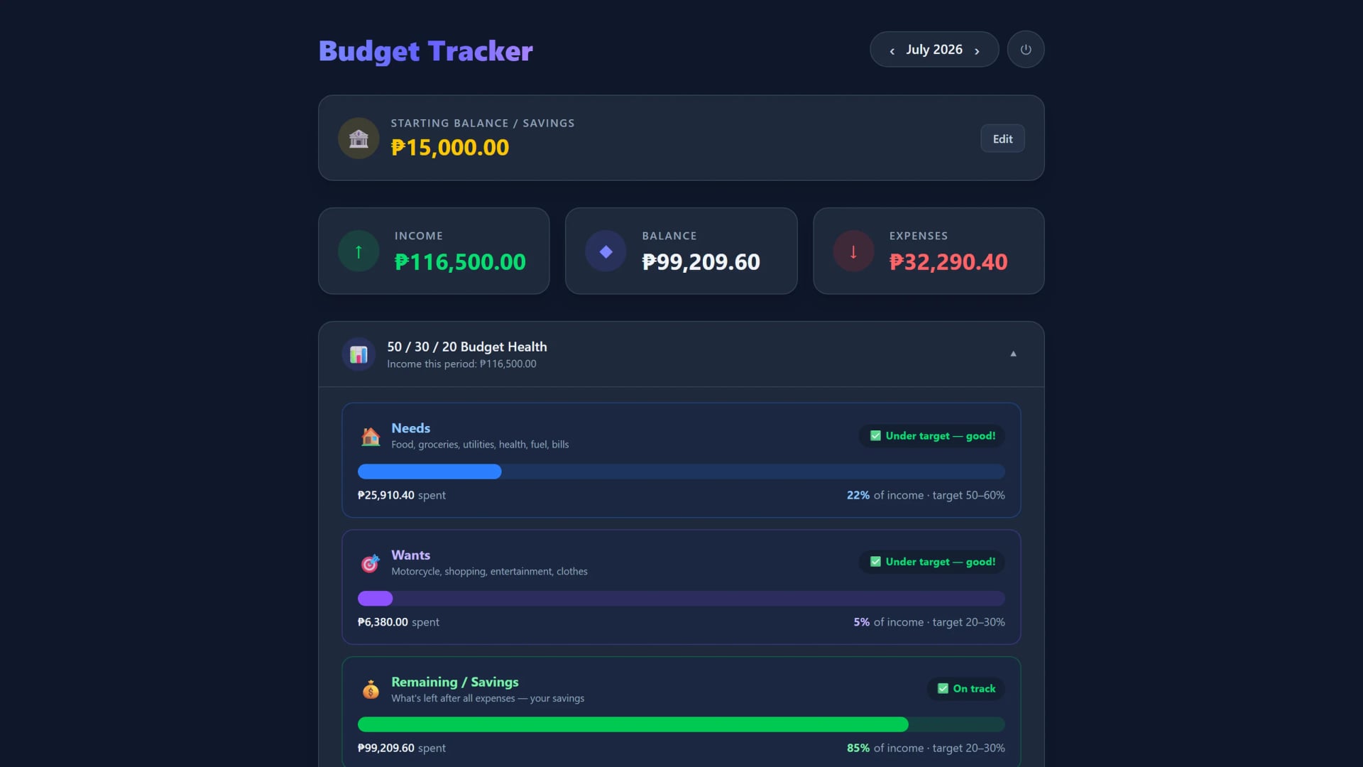 50/30/20 budget guide with progress bars for needs, wants, and savings