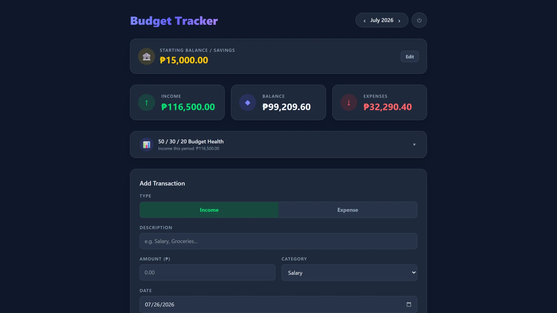 Budget Tracker dashboard with starting balance and summary cards