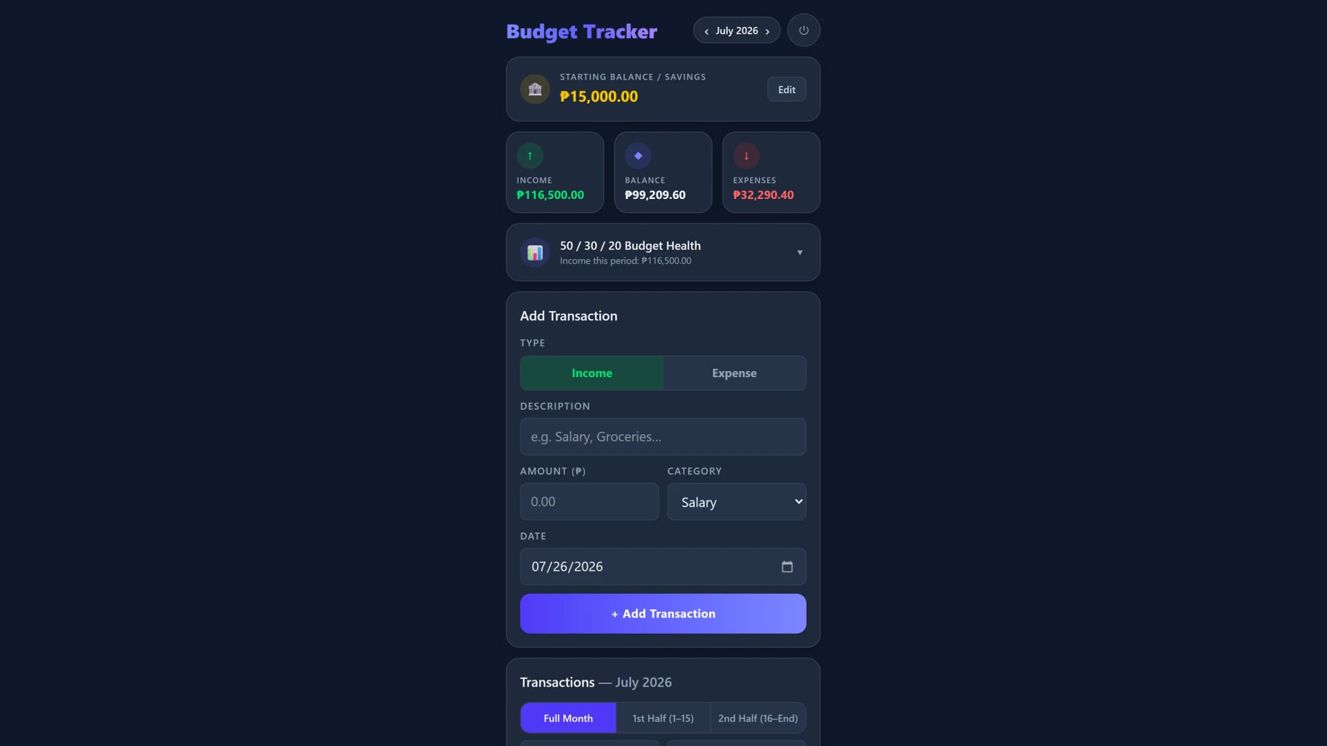Mobile view of the Budget Tracker dashboard