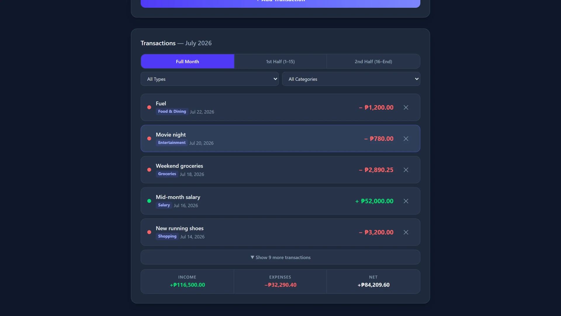 Transaction list with half-month filters and a totals bar
